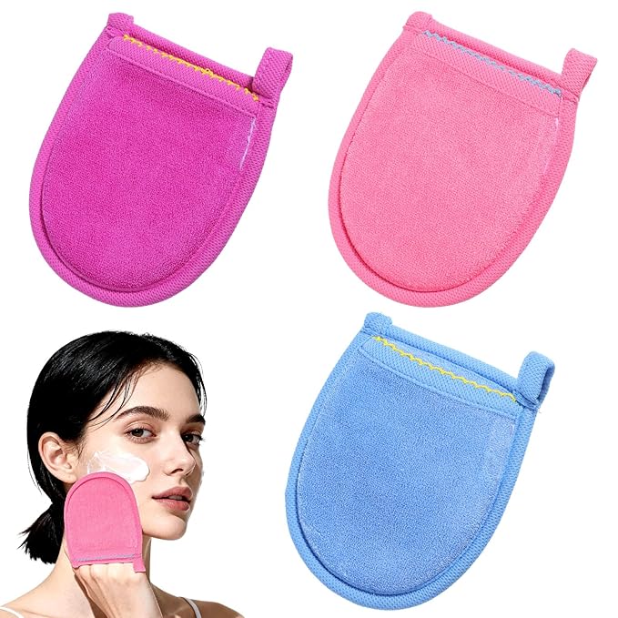 3 Pcs Exfoliating Facial Scrubber Mitt, Face Deep Exfoliating Cleaning Polishing Gloves Facial Cleansing Mitts Dead or Dry Skin Remover Face Cleaning Gloves for Men & Women (Pink, blue, purple)