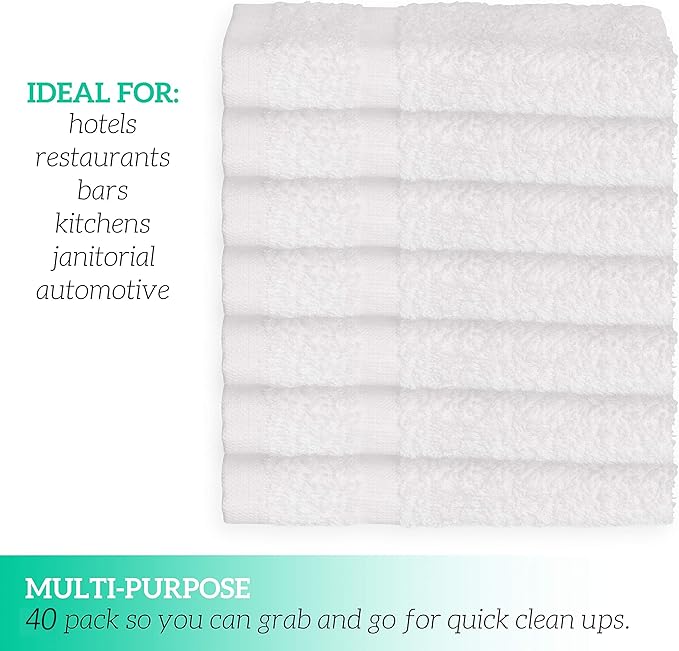GREEN LIFESTYLE Washcloths 12" x 12" 40 Pack - 100% Cotton Wash Cloths, Soft Absorbent Face Towels, Bulk Washcloths for Body, Bathroom, Shower and Daily Use (White)