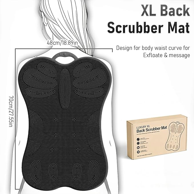 Back Scrubber Shower Bathtub Tub Body Bath Cushion Back Lumbar Support - Silicone Ergonomic Extra Large Thick Soft Seat Paded Non-Slip Suction Cups Relaxing Spa Exfloating Scrubber Mat Black