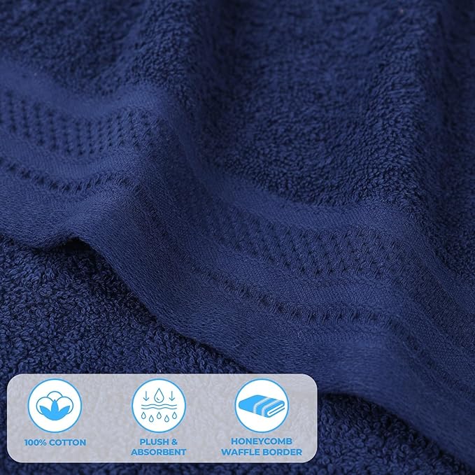 Superior Honeycomb Cotton Medium Weight Towels, for Guest Bath, Master Bathroom, Shower, Quick Dry, Adults, Home Essentials, Textured Waffle Border, Towel Set, Bath Towels, Set of 4, Navy Peony