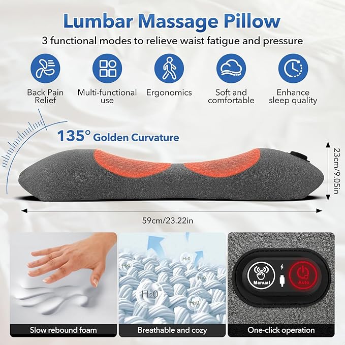 3 in 1 Rechargeable Back Massager with Heat, Height Adjustable for Bed and Chair, Electric Lumbar Support Pillow, Relieves Deep Tissue Pain, Lumbar Wedge Cushion