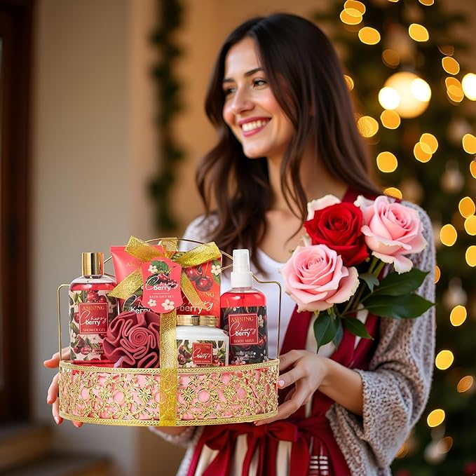 Bath & Body Basket Set, Cherry Fruit Scent Spa Gift Basket with Shower Gel, Lotions for Women Gift Set, Spa Kits for Christmas Valentine's Birthday Gift All Occasion Holiday Gift Idea Luxury Bath Set