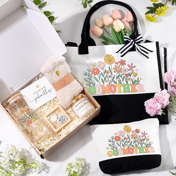 iAOVUEBY 7PCS Godmother Proposal Gift, Will You Be My Godmother, 16oz Glass Cup Canvas Tote Bag, Self Care Gifts Basket for Women, God Mother Proposal Gift