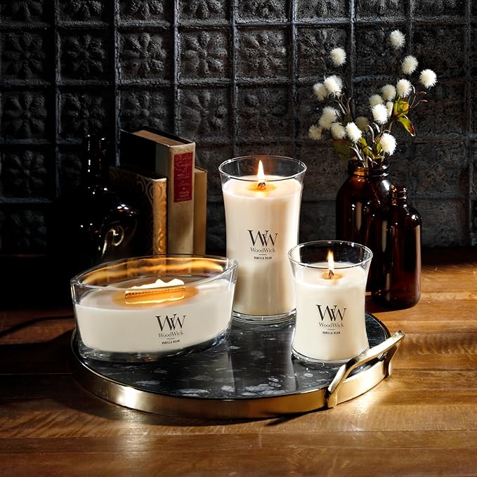 WoodWick Vanilla Bean Holiday Candle Gifts for Women and Men, 9.7 oz Medium Hourglass Candle with Crackling Wick (Pack of 4)