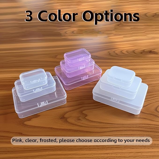 LJY 28-Piece Plastic Storage Containers with Lids (3 Assorted Sizes), Rectangular Organizer Box Set Pink Tinted Organizer Cases for Sewing, Stickers & Crafts, Color-Coded Storage, Pink