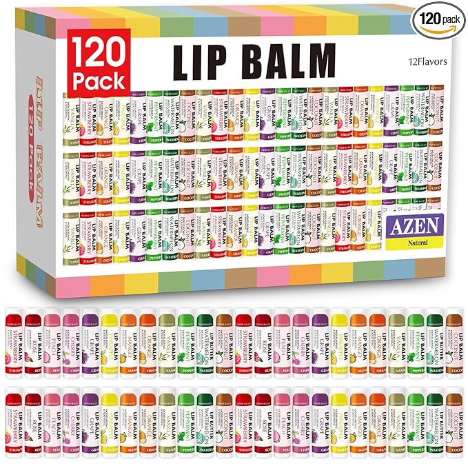 AZEN 120 Pack Lip Balm Bulk, Moisturizing Lip Balms for dry cracked lips, Mothers Day Gifts Easter Basket Stuffers - 12 Flavors