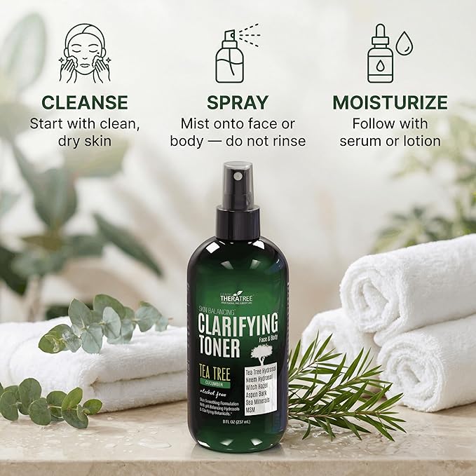 TheraTree Clarifying Toner with MSM, Tea Tree & Neem Hydrosol - Alcohol-Free Complexion Control for Face & Body - Reduces Appearance of Pores & Controls Oil - 8 Fl Oz