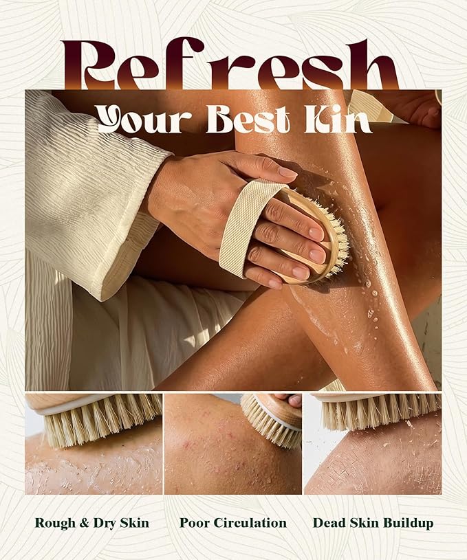 POPCHOSE Dry Brushing Body Brush, Natural Bristle Dry Skin Exfoliating Brush Body Scrub for Flawless Skin, Cellulite Reduction, Lymphatic Drainage and Blood Circulation Improvement
