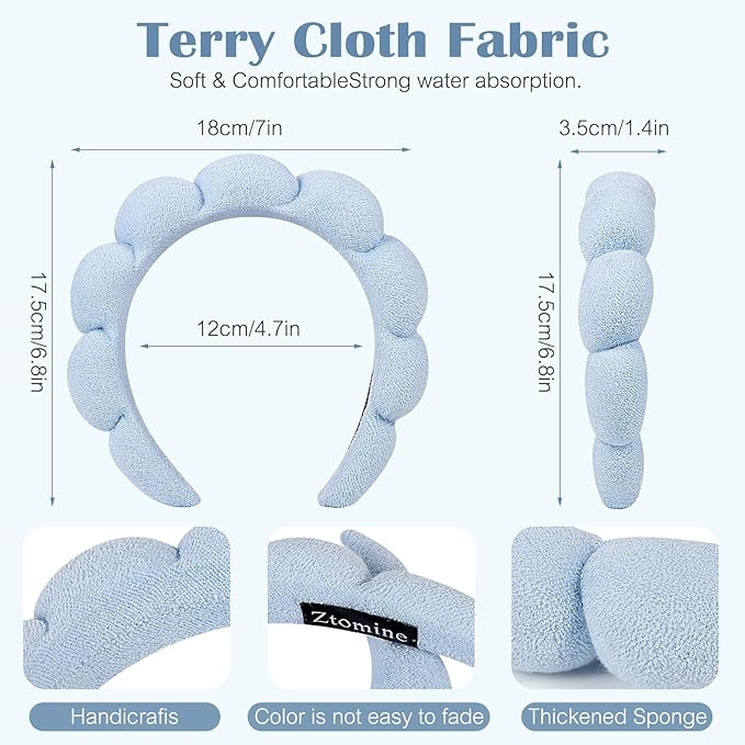 Ztomine Headbands, Set of 2 - Terry Cloth Spa Headbands for Face Washing, Makeup Removal, or Facial Mask Usage, Dark Khaki + Blue