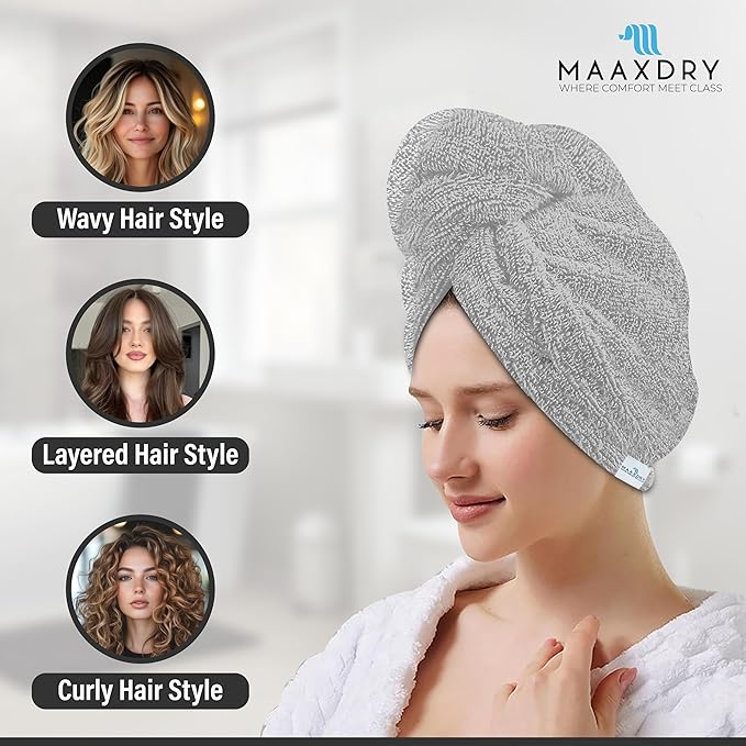 100% Cotton Large Hair Towel Wrap for Women, Men & Kids – Non-Microfiber 450 GSM Thick Super Absorbent Hair Towel 26x40 Inches, Secure Elastic Hair Wrap for Long & Curly Hair (Grey)