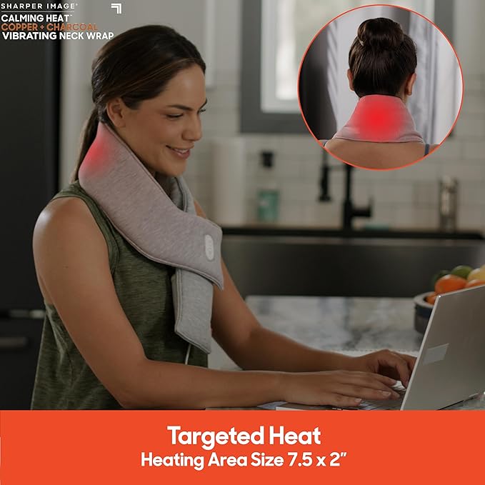 Calming Heat Neck Wrap by Sharper Image with Power Pack | Weighted Copper & Charcoal, Heating Pad, Auto Shut-Off Feature, Gift for Holidays, Women & Men | 3 Heat & 3 Vibrating Massage Settings