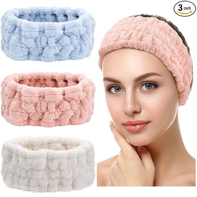 Chuangdi 3 Pieces Spa Headband for Women Facial Makeup Headband Soft Terry Cloth Hairband for Washing Face Mask Spa Shower Gifts(Blue, Pink, White)