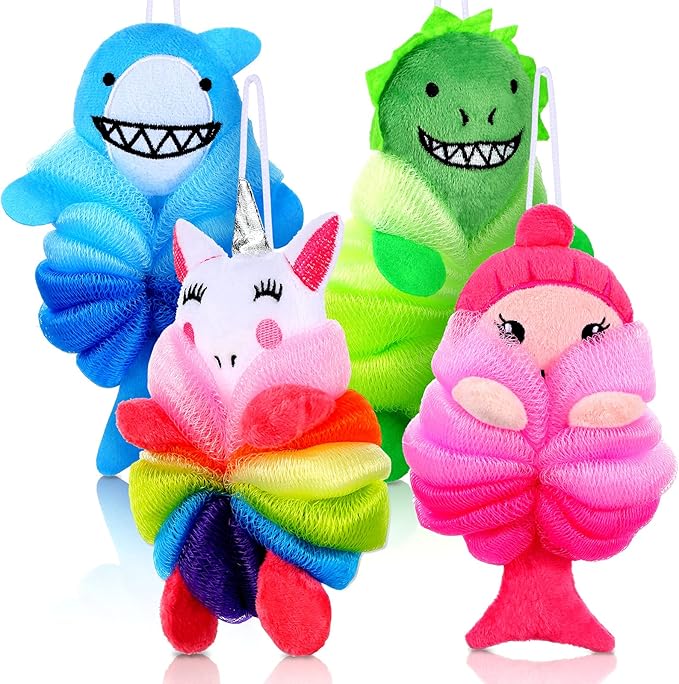 Tatuo 4 Pcs Animal Bath Loofahs Kids Body Loofah Cartoon Shower Cute Bath Sponge Pouf Body Scrubbers Mesh Sponge for Children Shower Baby Washing Exfoliating, 4 Style (Vivid Style)