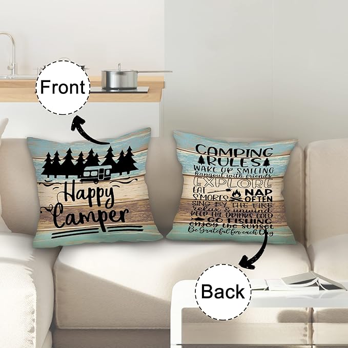 Welcome to Our Camper Soft Diatom Mud Absorbent Bath Rug 17'x30',Reversible Throw Pillow Cover 18'x18',Set of 1 Pillow Cover 1 Doormat,Campsite RV Decor,Camper Gifts