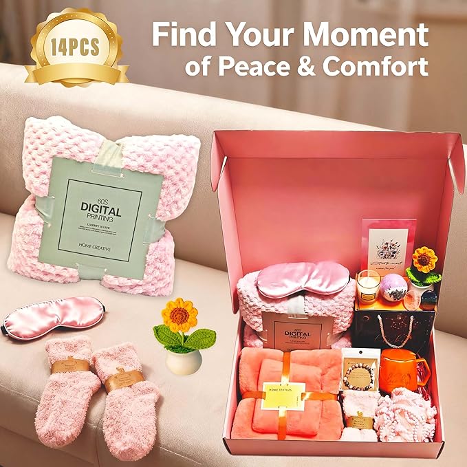 14PCS Care Package for Women Get Well Soon Gift Basket with Blanket, Ceramic Mug, Spa Items | Self Care Gifts for Women Recovery Thinking of You Feel Better Encouragement Sympathy Gifts
