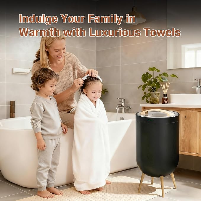Luxury Towel Warmer Bucket, 23L Large Towel Warmers for Bathroom, with Stand, Ambient Light, Auto Shut Off, Relaxation Mode, Fits Three 40"x70" Towels, Bathrobes, Blankets, Great Gift Idea - Black