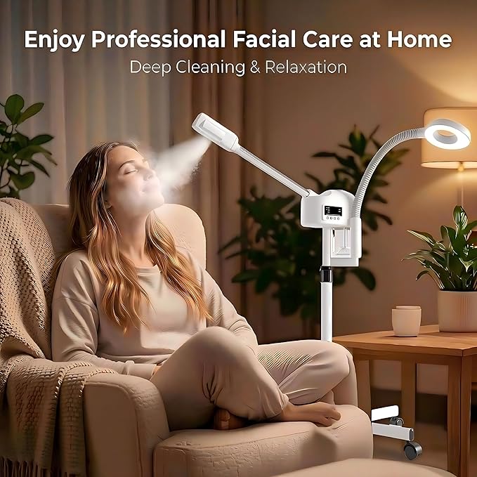 Facial Steamer Professional, Facial Steamer with Magnifying Lamp for Esthetician, 2 in 1 Ozone Steamer for Face, Face Steamer for Facial Deep Cleaning, White.