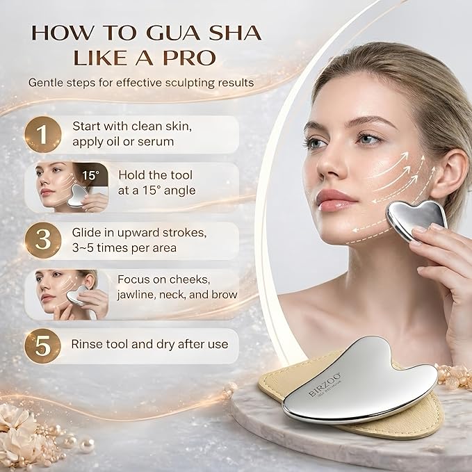 Stainless Steel Gua Sha Facial Tools Set with Acupressure Pen, Facial Massage Tool for Face & Neck, Lymphatic Drainage & Face Sculpting, Metal Gua Sha Kit with Gift Pouch