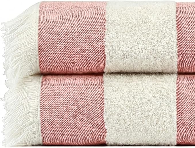 Lightweight Turkish Beach Towel - 100% BCI Cotton, Unbleached Raw Fringe, Oeko-TEX Certified, Absorbent, Eco-Friendly, 36x66”, Coral Pink & Natural Stripes, Portable Sarong Blanket for Pool, Travel
