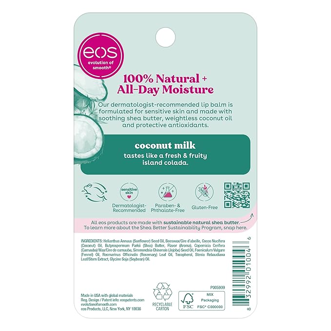 eos 100% Natural Lip Balm - Coconut Milk, All-Day Moisture, Dermatologist Recommended for Sensitive Skin Care, Lip Care Products, 0.25 oz