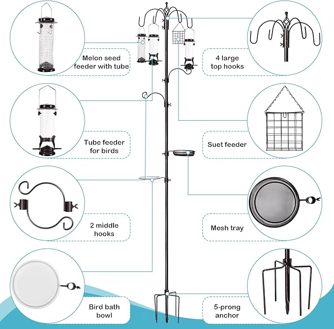 YINGYM 6-Hook Bird Feeding Station Kit, Wild Bird Feeder Stand Pole, Multi-Feeder Kit Stand with 4 Feeders, Bird Bath and Mesh Tray, 94 Inch