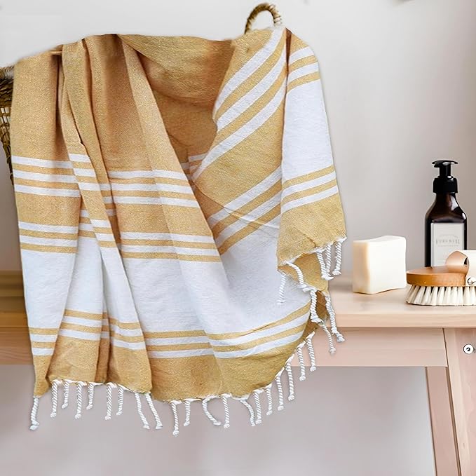 Goroly Home Cotton Turkish Peshtemal Beach Towel, Extra Large, Thin Quick Dry Sand Free Pool & Swim Towel, Bathing Blanket, Travel Essentials, (Mustard, 36x71 Inches)