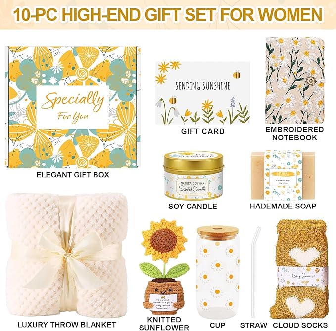 Self Care Gifts for Women Gift Baskets，Sending Sunshine Thinking of You Care Package Spa Gift Sets, Mothers Day Birthday Gifts for Women Mom Sister Wife Grandma Best Friends Her - Ivory