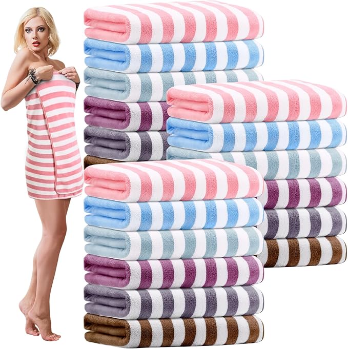 SmoothNovelty 18 Pack Microfiber Bath Towels Bulk 27'' x 60'' Oversized Size Bath Towel Highly Absorbent Extra Large Soft Drying for Beach Shower Summer Salon Sport Gym Party (Stripes,Multicolor)