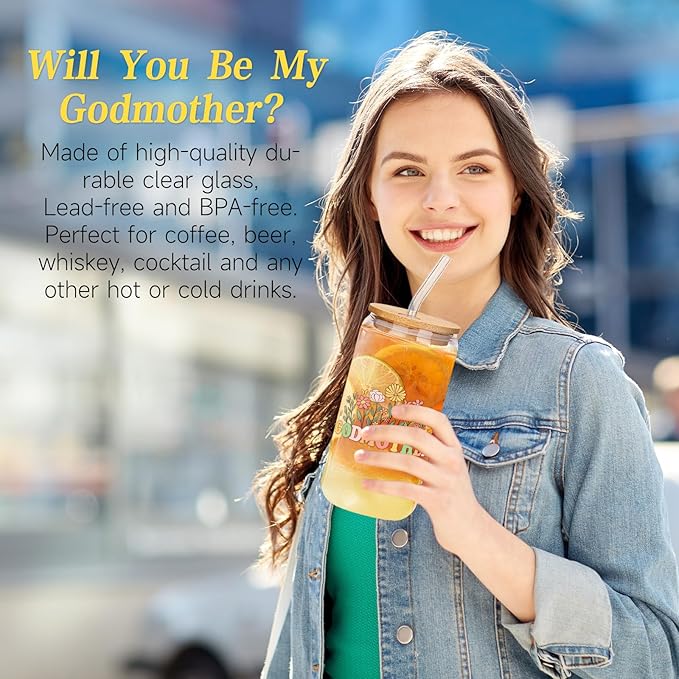 iAOVUEBY 7PCS Godmother Proposal Gift, Will You Be My Godmother, 16oz Glass Cup Canvas Tote Bag, Self Care Gifts Basket for Women, God Mother Proposal Gift