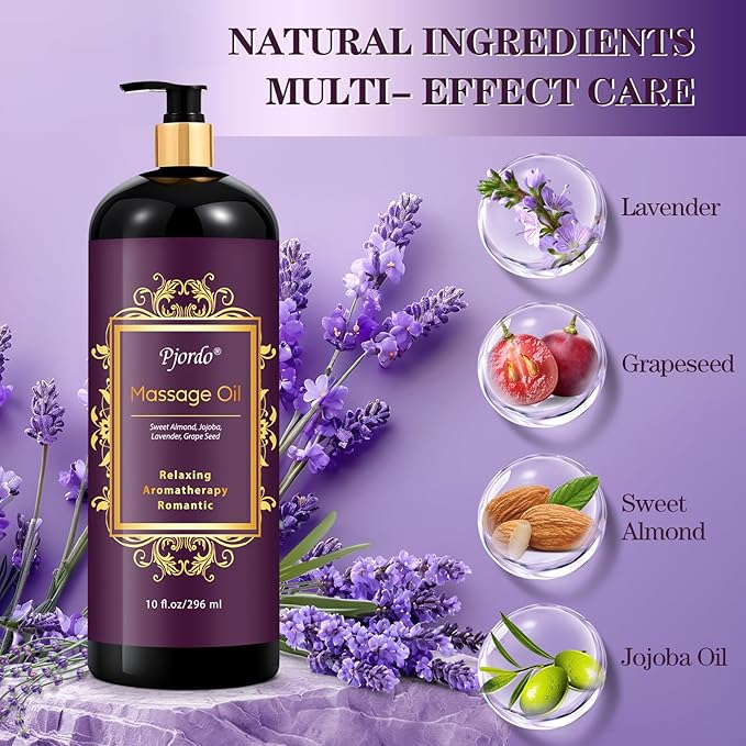 Pjordo Massage Oil for Massage Therapy, Vanilla, Lavender Oil, with Massage Roller Ball, Massage Oils for Muscle Relaxing, Calming, Soothing & Moisturizing, Spa Gift Set for Her and Him