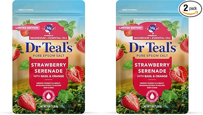 Dr Teal's Epsom Salt Magnesium Soak, Strawberry Serenade with Basil & Orange, 3 lbs (Pack of 2)