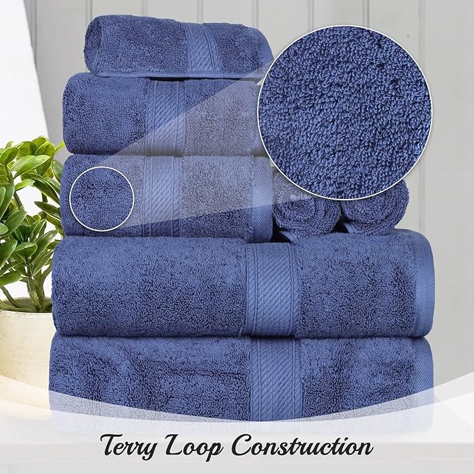 SUPERIOR Egyptian Cotton Pile 8 Piece Towel Set, Includes 2 Bath, 2 Hand, 4 Face Towels/Washcloths, Ultra Soft Luxury Towels, Thick Plush Essentials, Guest Bath, Spa, Hotel Bathroom, Navy Blue