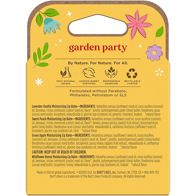 Burt's Bees 4 Pack Lavender Vanilla, Sweet Peach, Green Apple, Wildflower Honey; 24 Hour Moisture Moisturizing Lip Balm, 100% Natural Origin, Mother's Day Gift, 4 Tubes, 0.15 oz