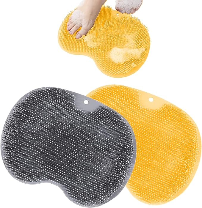 Shower Foot Scrubber, Wall Mounted Bath Massage Pad, Back Scrubber Back with Non Slip Suction Cups to Improve Circulation, Soothe Achy Feet (Grey+Yellow)