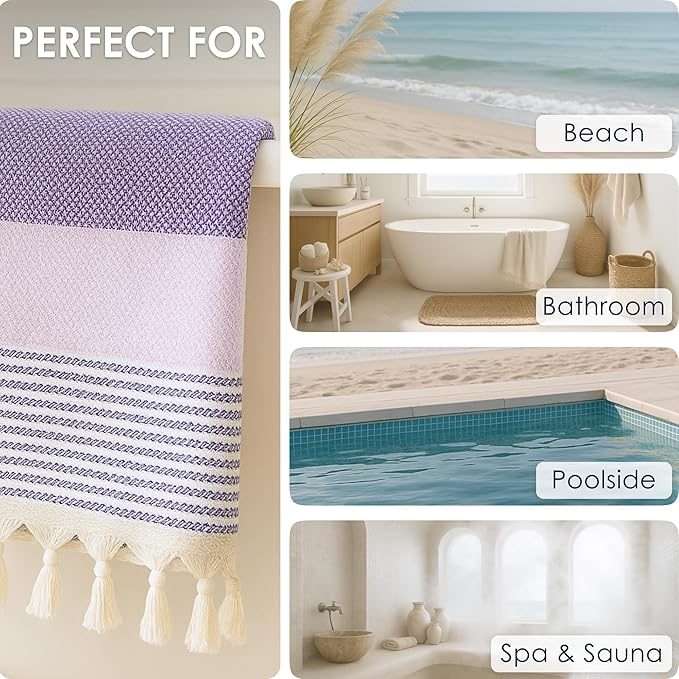 ATANI Turkish Beach Towel (71x39 Inches), Converts to a Bag, Oversized 100% Cotton Bath Towels Lightweight Quick-Dry Beach Blanket for Travel, Picnic, Camping, Yoga and Pool (Lavender)