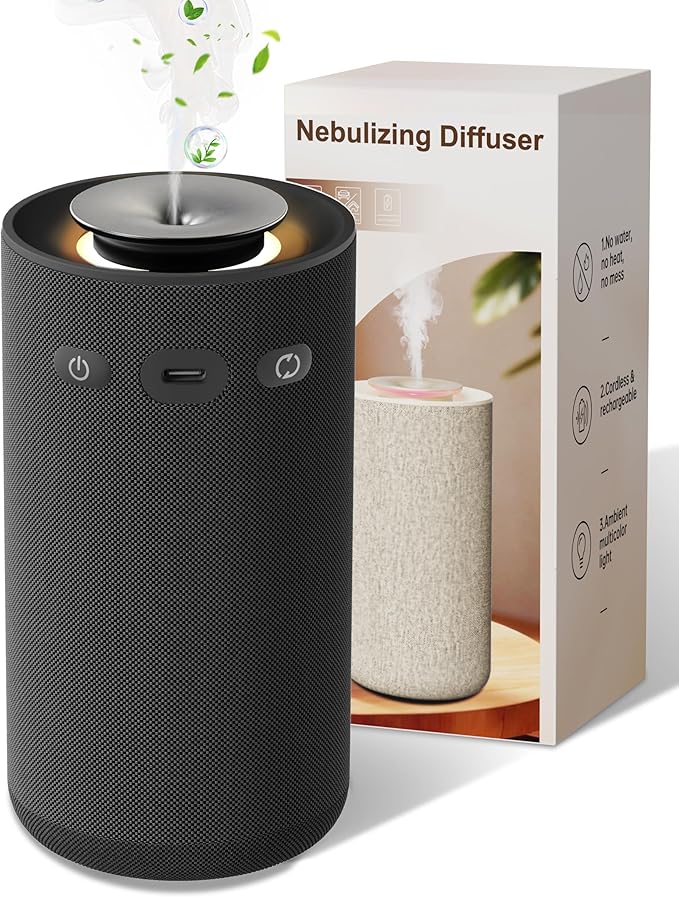 Waterless Essential Oil Diffuser,Portable Car Aromatherapy Diffuser,Rechargeable Cordless Scent Device with Fabric Design,Adjustable Mist & Ambient Light for Home, Office, Travel (Black)