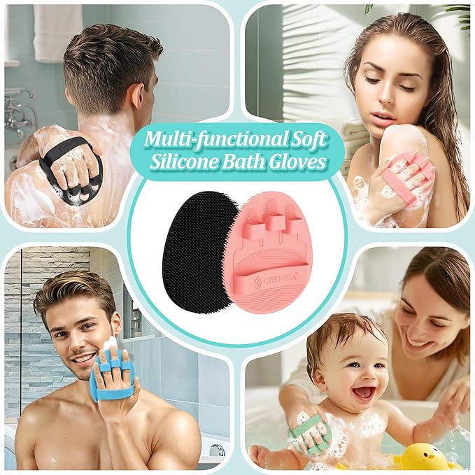 Silicone Back & Face Scrubber & Bath Glove Set 3PCS, 13.4'' Gentle Back Scrubber with Dual-Side Head, 360° Anti-Slip Bath Glove, Unique Side-bristled Face Scrubber for All-Round Cleaning(Pink)