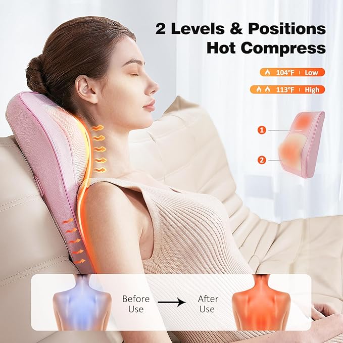 Boriwat Back Massager with Heat, Neck Massager for Pain Relief Deep Tissue, 3D Kneading Massage Pillow for Back, Neck, Shoulder, Legs - Pink