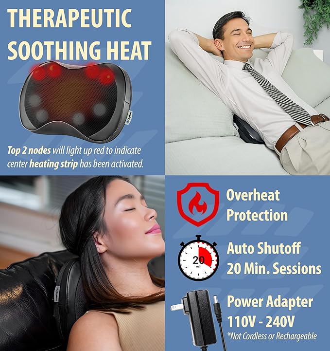 Zyllion Shiatsu Back and Neck Massager with Heat - 3D Electric Kneading Deep Tissue Massage Pillow with 8 Massaging Nodes for Muscle Pain Relief, Black, ZMA-25