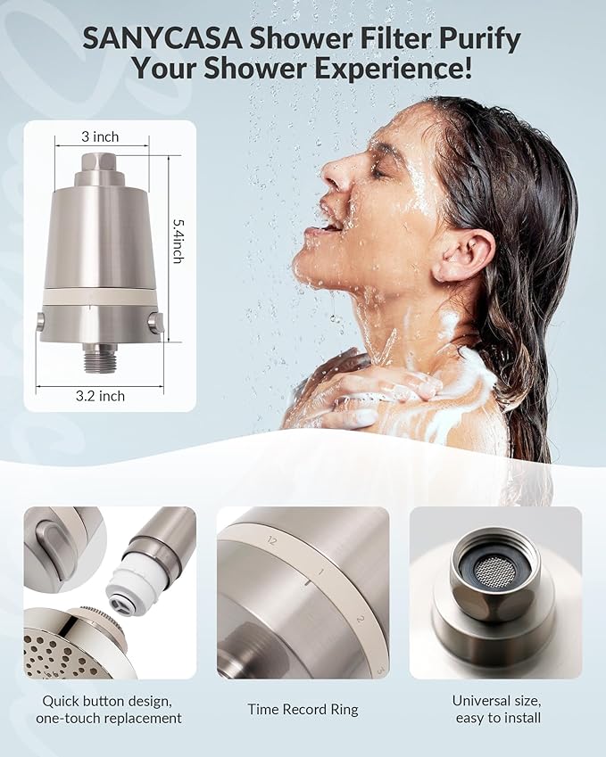 SANYCASA Hard Water Shower Filter - Removes Chlorine, Heavy Metals & Scale - KDF Technology for Softer Skin & Hair - Fits Most Rain & Handheld Showerheads - (Brushed Nickel)
