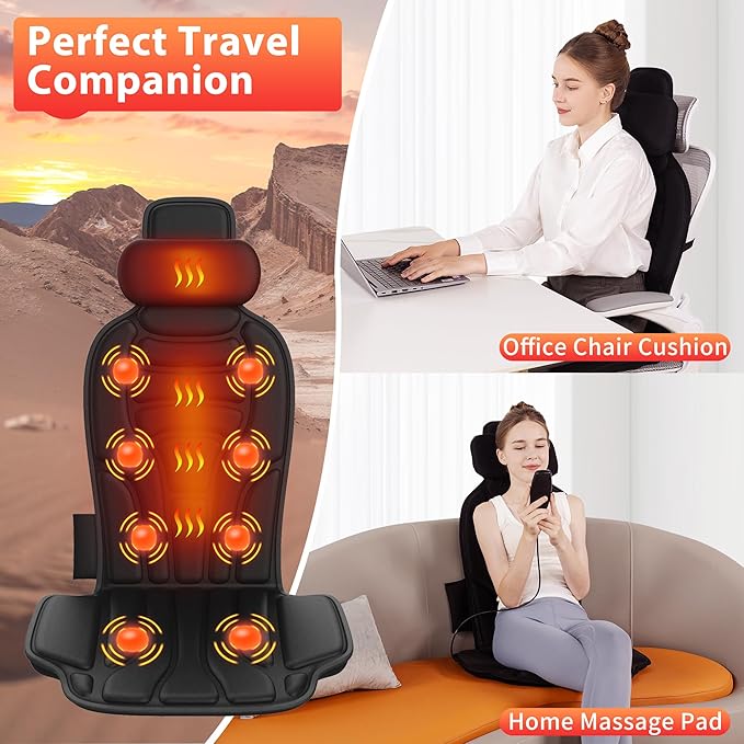 Back Massager with Heat，Vibration Massage Chair Pad with 5 Massage Modes & Adjustable Heat Levels, Memory Foam Back Massager Cushion for Office Chair, or Home Use，Midnight