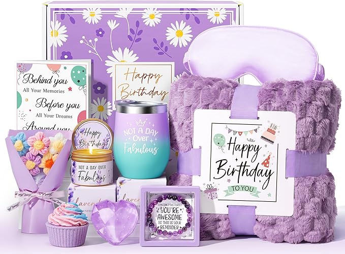 Birthday Gifts for Women Friendship, Unique Happy Birthday Gifts Basket for Mom Her Best Friend Sister Wife Girlfriend Coworker Teacher, Luxury Self Care Box Lavender Relaxing Spa Gifts Set w/Blanket