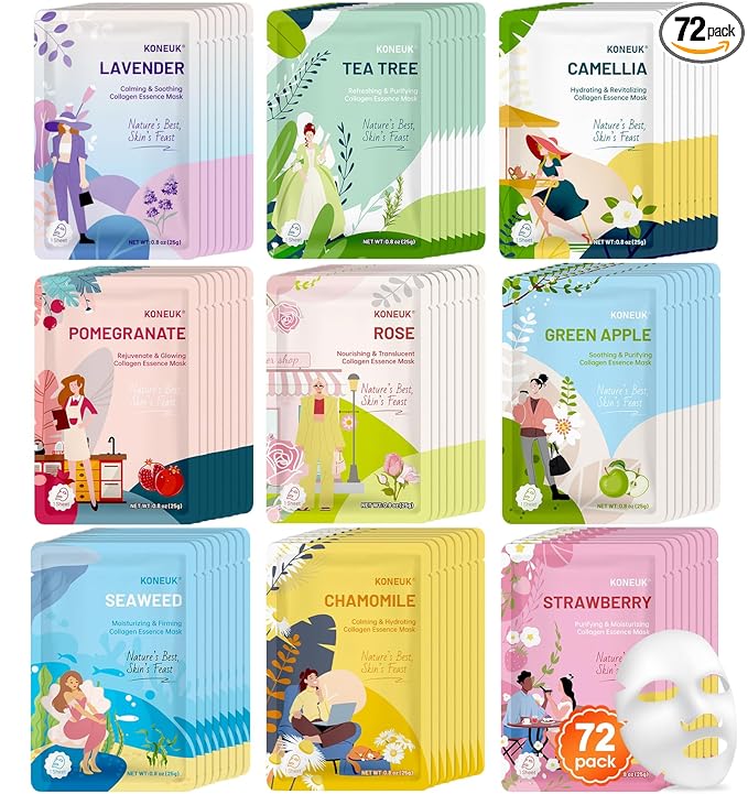 KONEUK 72 Pack Bulk Hydrating Face Masks Skincare, Collagen Sheet Face Mask for Dry, Oily Skin, Spa Gifts for Women Skin Care, Mothers Day Gifts, Nurses Week Gifts, Birthday Gifts (9 Types x 8 Pcs)