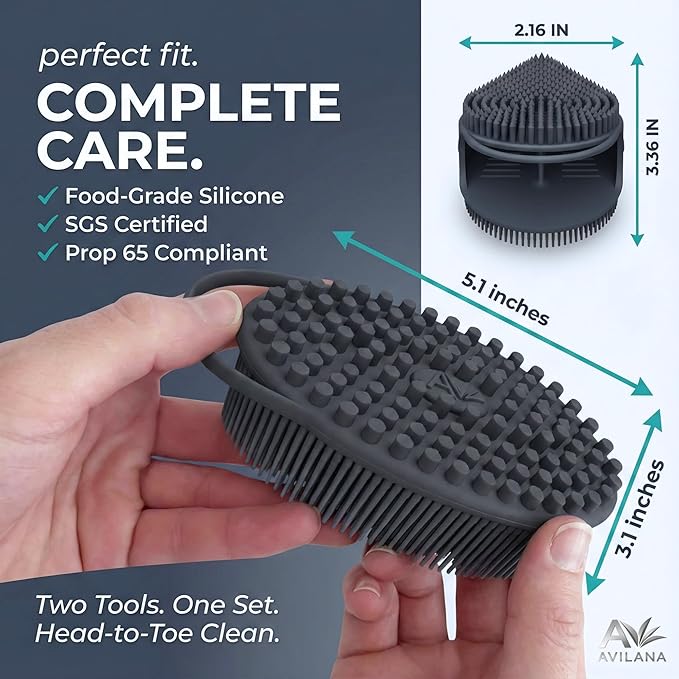 Avilana Premium Silicone Body Scrubber - Trusted Since 2017 - SGS Certified Food Grade Dual Sided Bath Brush, Quick-Dry Exfoliating Loofah Alternative, Massage Brush Sensitive Skin Women Men