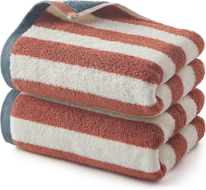 REDKISS 2-Pack Luxury Hand Towels for Bathroom - 12 x 28 Inches 100% Cotton Striped Hand Towels, Ultra Soft and Highly Absorbent Towel for Bath, Gym, Hotel, Kitchen and Spa, Brown