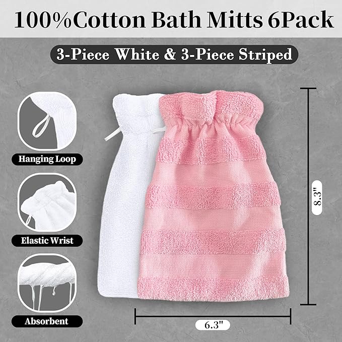 VOOVA & MOVAS 6-Pack Wash Mitts for Body, 100% Cotton Soft Absorbent Wash Cloths with Hanging Loop, 8.3x6.3 Inch European Style Wash Gloves for Shower & Spa, Jacquard Pink Stripe & White
