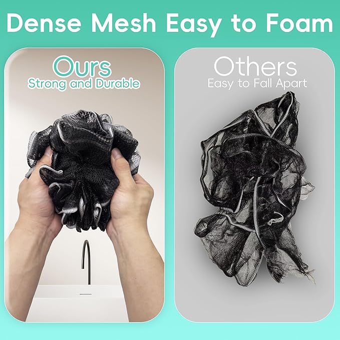 Loofah 4 Pack 75g Extra Large Loofa Set Soft Bath Sponge Thick Body Wash Puffs for Shower (Black)
