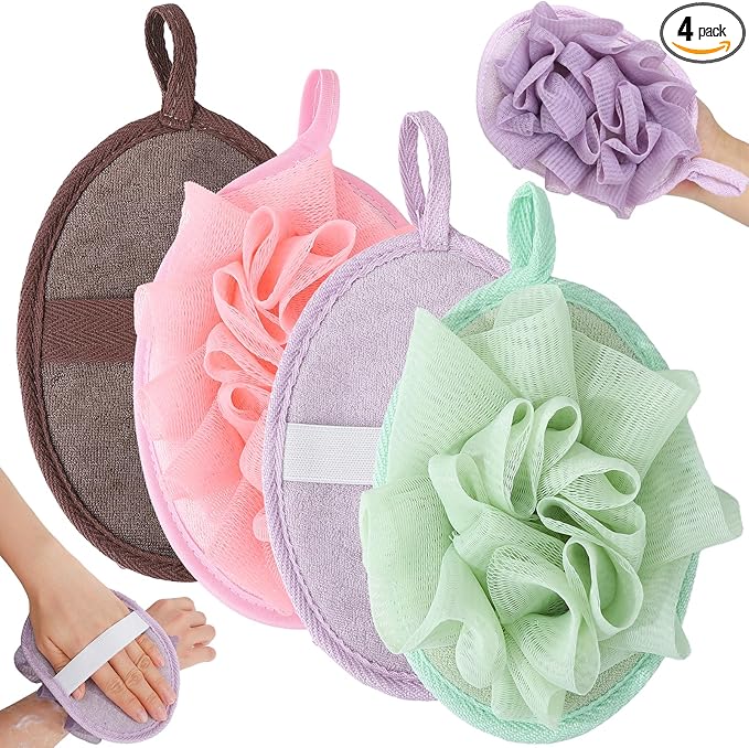 4 PCS Exfoliating Bath Sponges Soft Loofah Shower Scrubber with Elastic Hand Strap for Women Men Gentle Skin Cleansing Body Wash Towel Pouf Purple, Pink, Green, Coffee