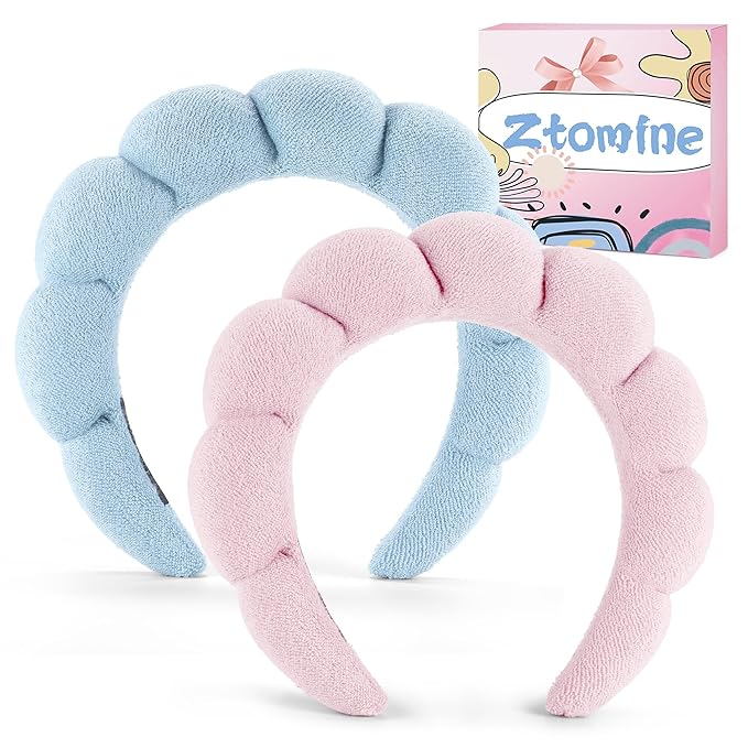 Ztomine Spa Headbands for Face Washing, Facials, Masks & Skin Treatments, Set of 2, 100% Cotton Terry Cloth, Plush Soft Absorbent Headband, Pink & Blue