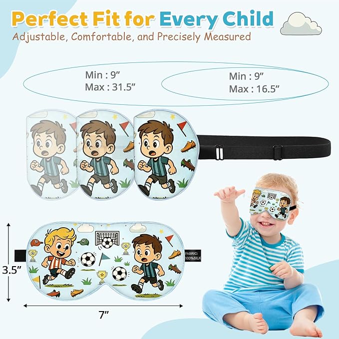 Kids Silk Sleep Mask – 100% Mulberry Silk Eye Cover, Kid Eye Mask with Adjustable Strap, Soft & Breathable Blackout Sleeping Mask for Boys and Girls Ages 5-15 (Soccer Style)